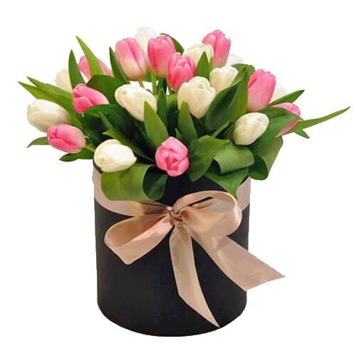 Фото товара 25 тюльпанов в шляпной коробке в Чернигове