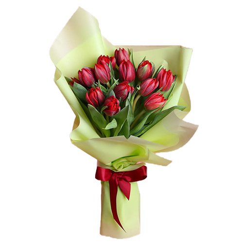 Фото товара 15 красных тюльпанов в зелёной упаковке в Чернигове