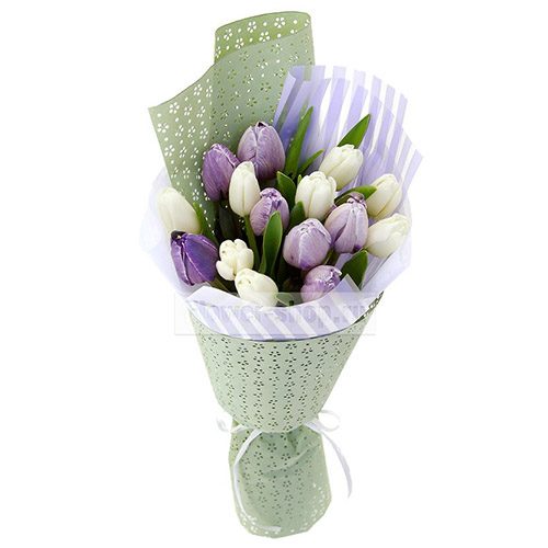Фото товара 15 бело-фиолетовых тюльпанов в Чернигове