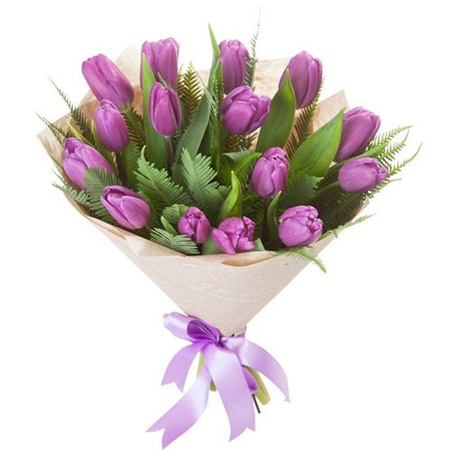 Фото товара 15 фиолетовых тюльпанов с декором в Чернигове