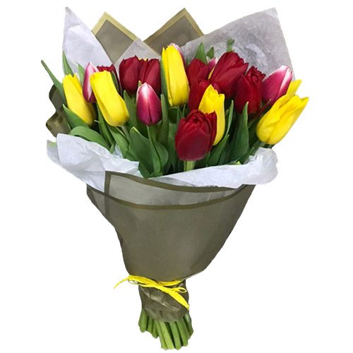 Фото товара 21 красно-жёлтый тюльпан в двойной упаковке в Чернигове