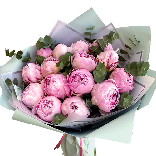 Фото товара 15 светло-розовых пионов с зеленью в Чернигове