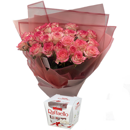 Фото товара 25 рожевих троянд із цукерками в Чернигове